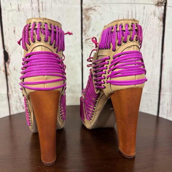 JEFFREY CAMPBELL LITA LACED in Neon Pink & Purple On Tan Leather Ankle Boots 6.5 - Picture 12 of 16